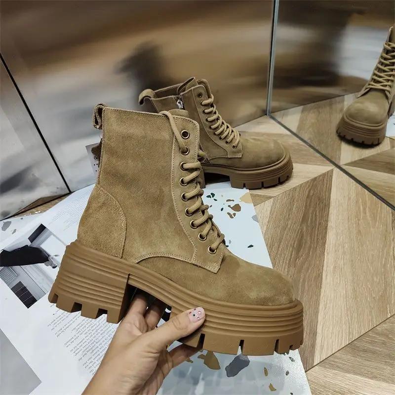 Biker Lace-up Women's Ankle Boots Short Shoes for Woman Sports Combat Chunky Punk Style with Laces Round Toe Footwear Booties Pu