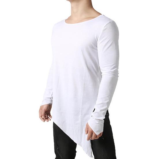 Herren T-Shirt Langarm Einfarbige Unregelmäßiger Saum Pullover Streetwear Warm Seitenschlitz Langer Stil Herren Frühlingstop Männliche Kleidung