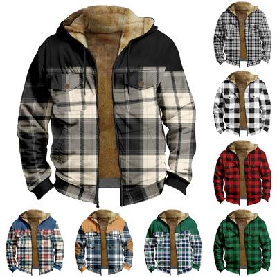 Herenjack met geruite print en dubbele zak. Heren lente- en herfstcasual trendjack met capuchon en ritssluiting