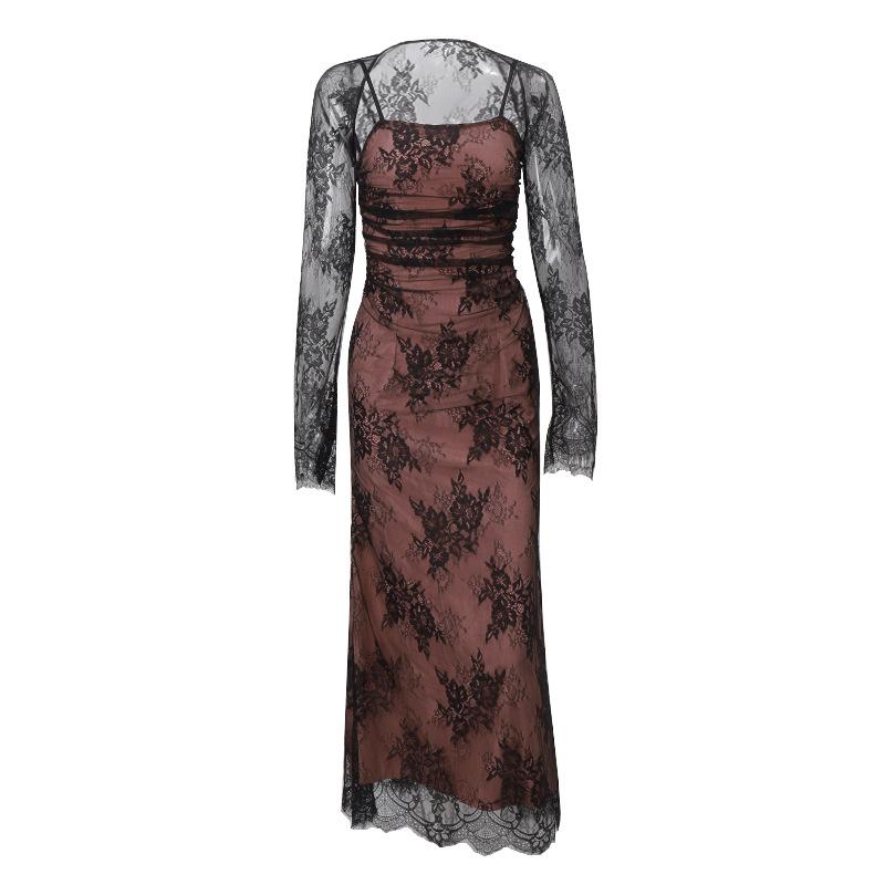 GMXIA Women's Autumn Sexy Temperament Vest Long Sleeve Suspenders Lace Lace Dress