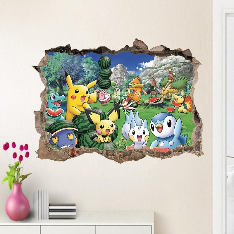 3D Cartoon Broken Wall Stickers Children's Room Pokemon Wall Stickers Children's Room Decoration Painting Background Mural