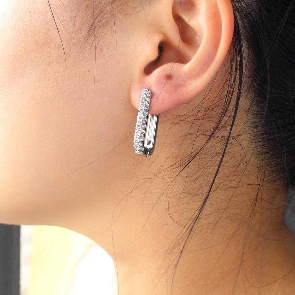Hot Sale Bling Silver Plated Huggie Hoops Stainless Steel Rectangle Zircon Earrings for Women Wedding Party Jewelry