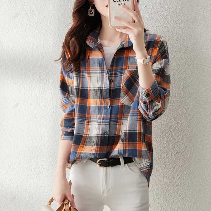 Women Lapel Plaid Button Down Shirt Long Sleeve Loose Casual Pocket Blouse Vintage Commuter Spring Tops