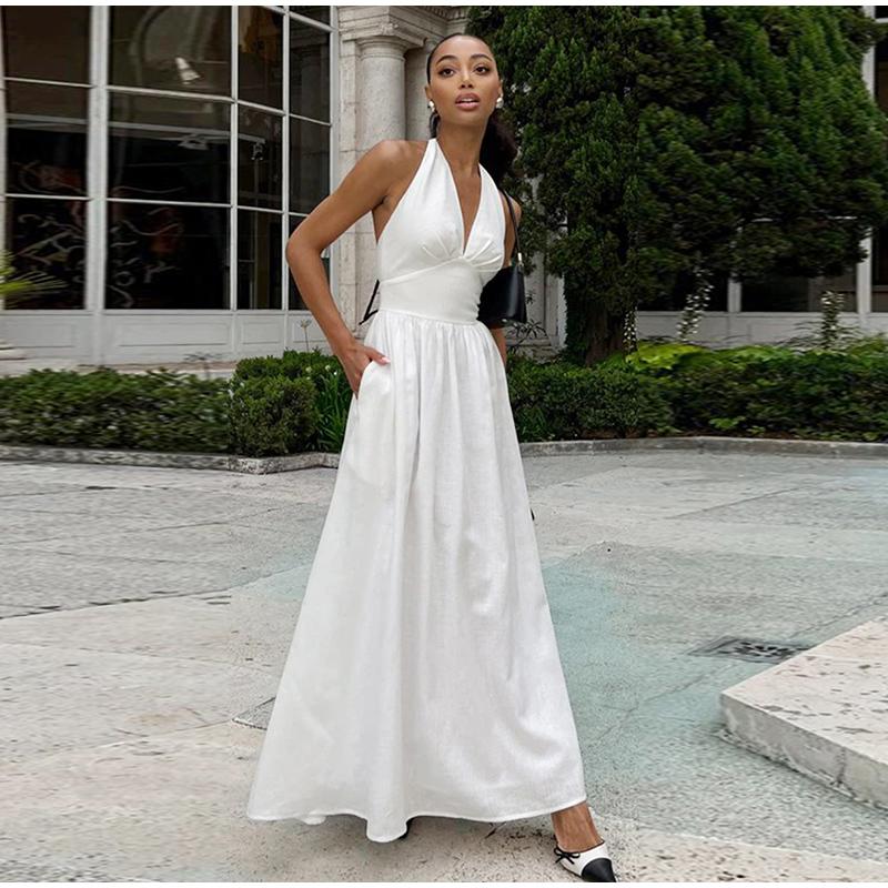 Dámské letní bavlněné dlouhé šaty bez rukávů, sexy výstřih do V, boho maxi šaty, volný styl, dlouhé šaty, oblečení