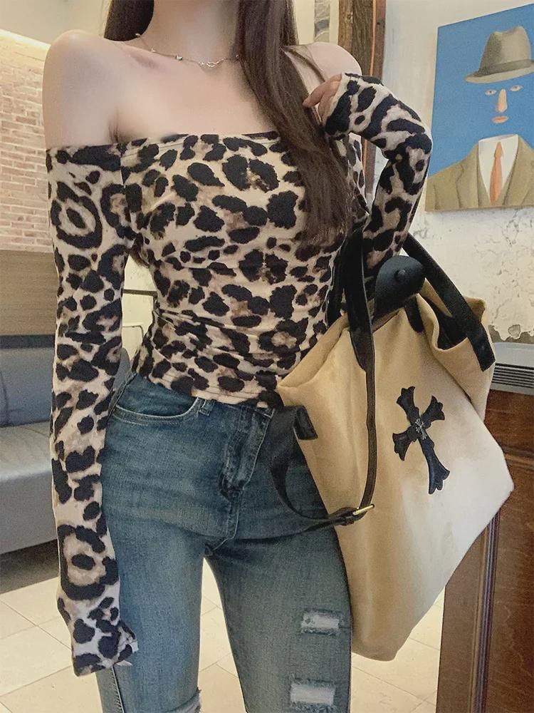 In-Stock Spicy Leopard Print Off-Shoulder Top: Waist-Cinching, Slimming, Long-Sleeved T-Shirt