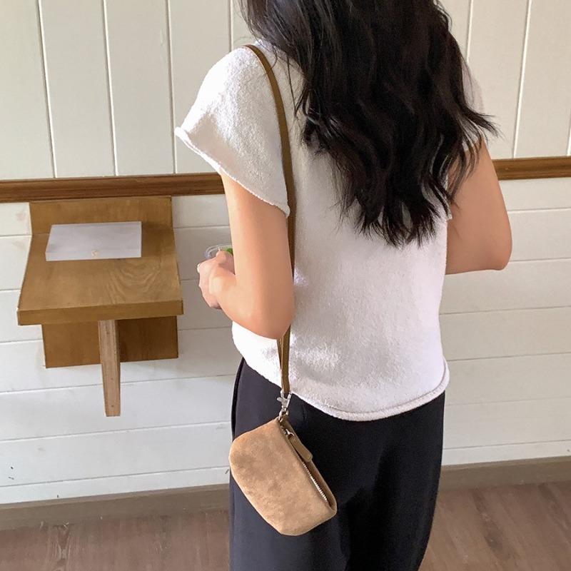 New neck mini bag, suede, autumn and winter simple shoulder bag, solid color niche lipstick change plush bag