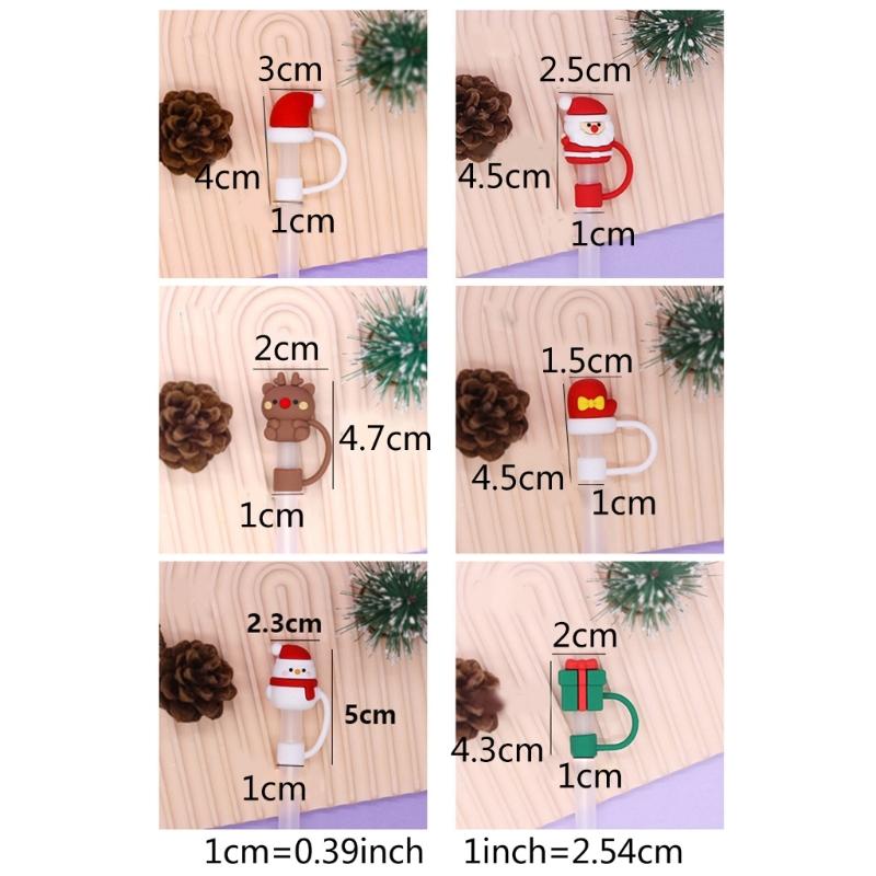 6pc Cartoon Christmas Silicone Straw Covers Cap Drinking Straw Tip Lids Reusable