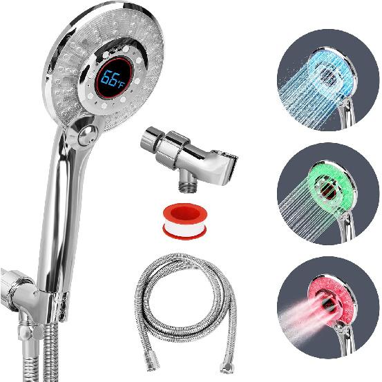 LED Lighted Shower Head with Handheld, High Pressure Shower Head with 59  Stainless Steel Hose, Temperature Display Sensor Light with 3 Colors, Water
