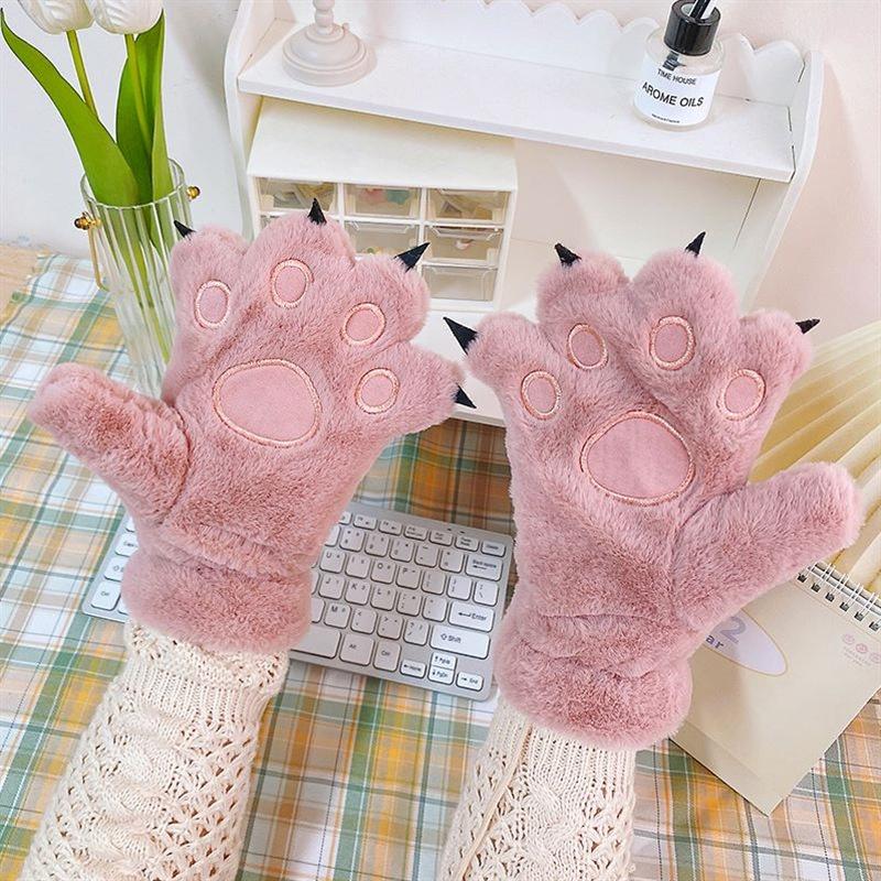 Women Gloves Bear Palm Paw Animals Plushclaw Glove Winter Fluffy Cat Paw Full Finger Gloves Keep Warm Lovely Soft Furry Mittens