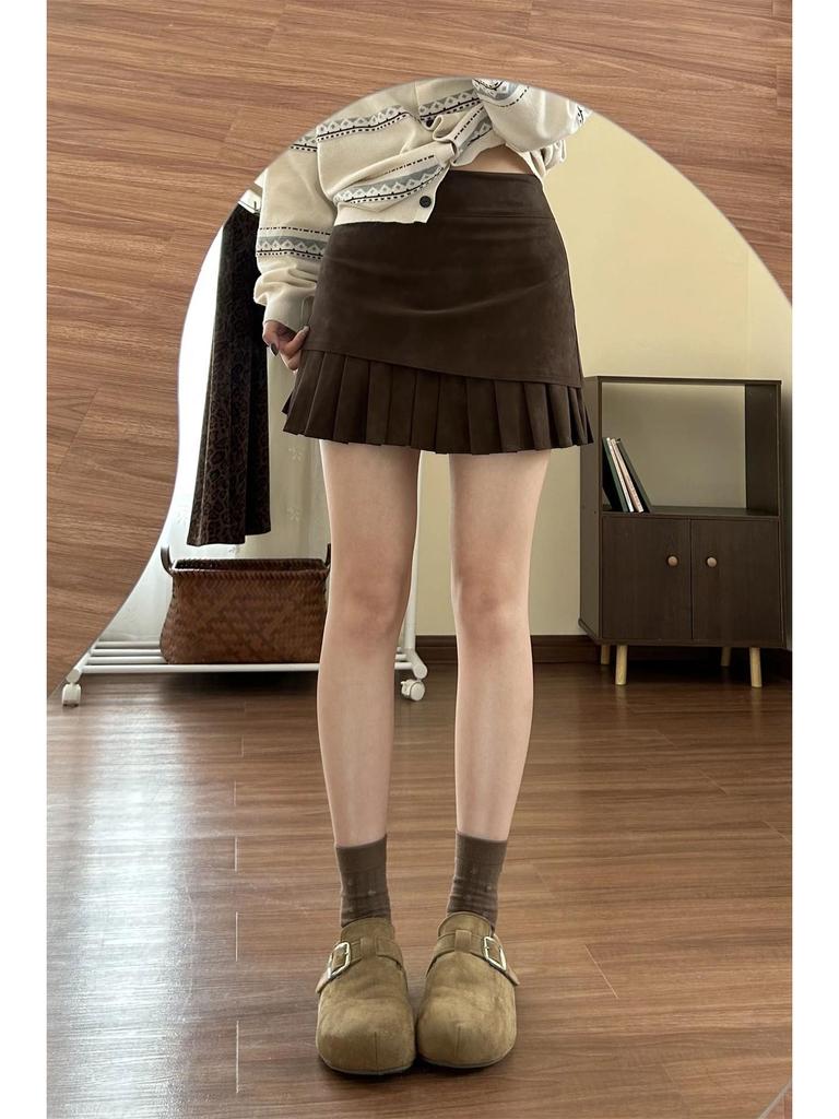 Gonna a pieghe linea A in camoscio color caffè da donna a vita alta, taglie forti, vestibilità slim per primavera/autunno
