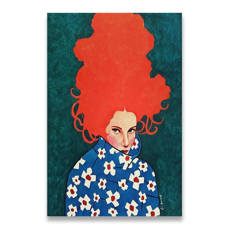 Vintage Abstract Girl Long Hair Flower Women Wall Art Canvas Painting Fashion Poster Wall Pictures For Living Room Home Decor