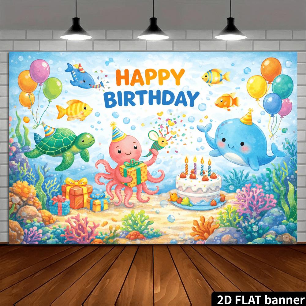 2D-Ebene 1 Stück Ozean-Thema Geburtstag banner fröhlicher Wal Schildkröte und Oktopus Party Szene