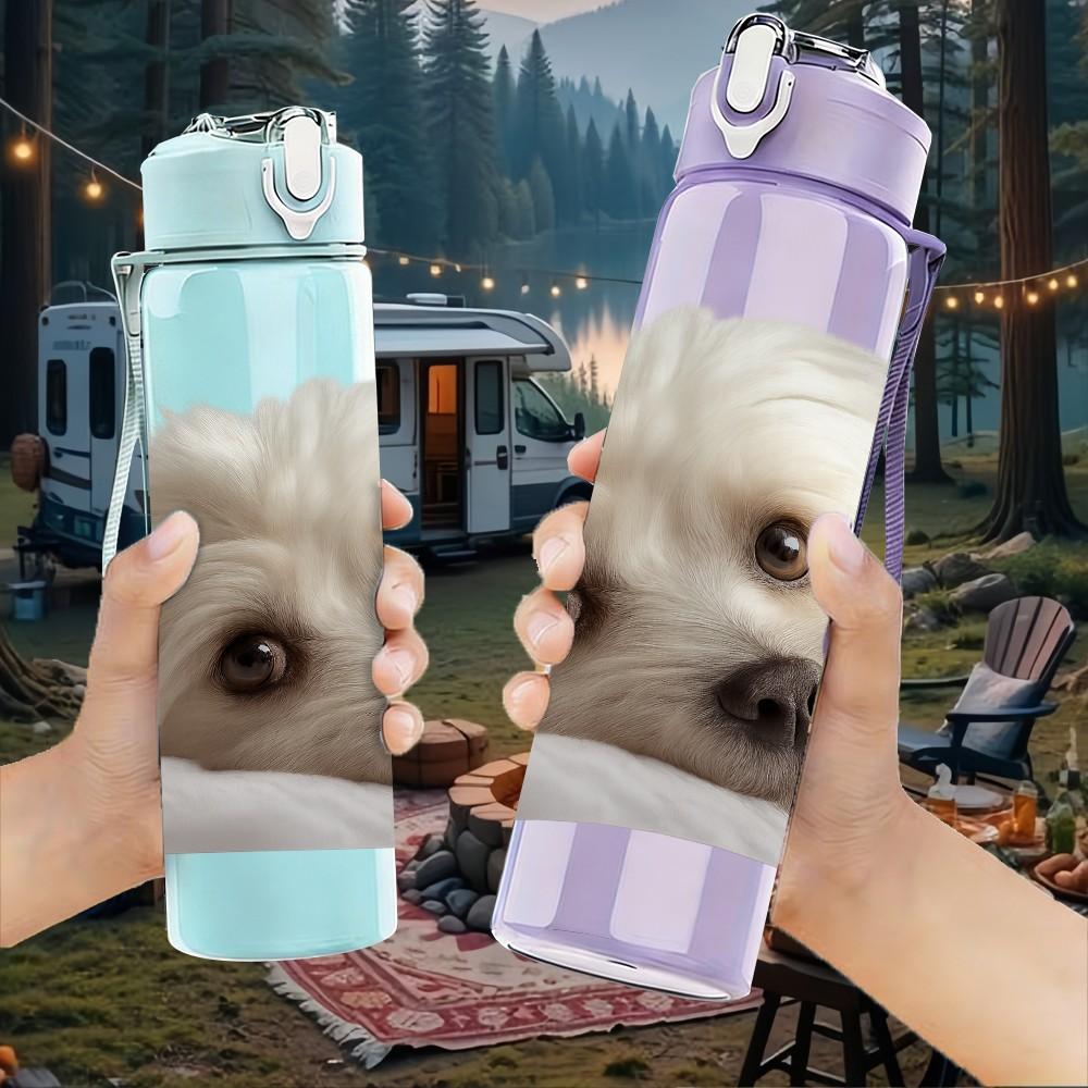 1PC White Dog Tired Lying Portrait 750ml Color Plastic Sports Water Bottle Leakproof Flip Straw Lid Suitable for Sports Office Home Use