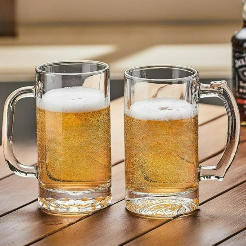 Large Capacity Glass Beer Cup with Handle Transparent Thick Bottomed Beer Glass Water Bottle Party Bars Juice Beverage Cups