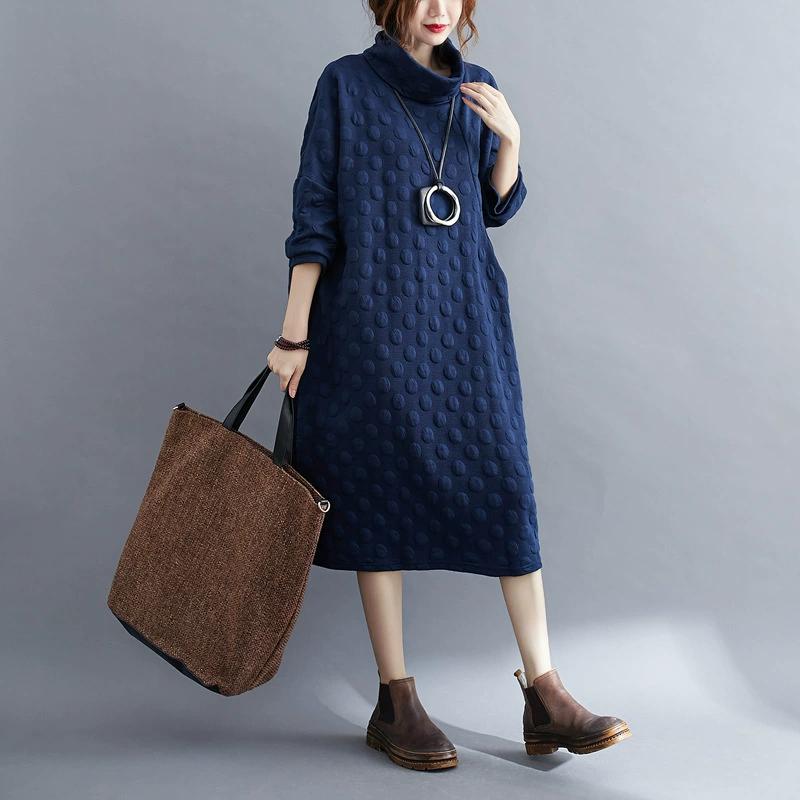 Women Oversized Dress Turtleneck Long Sleeve Polka Dot Dress Casual Solid Color Pocket Maxi Dress