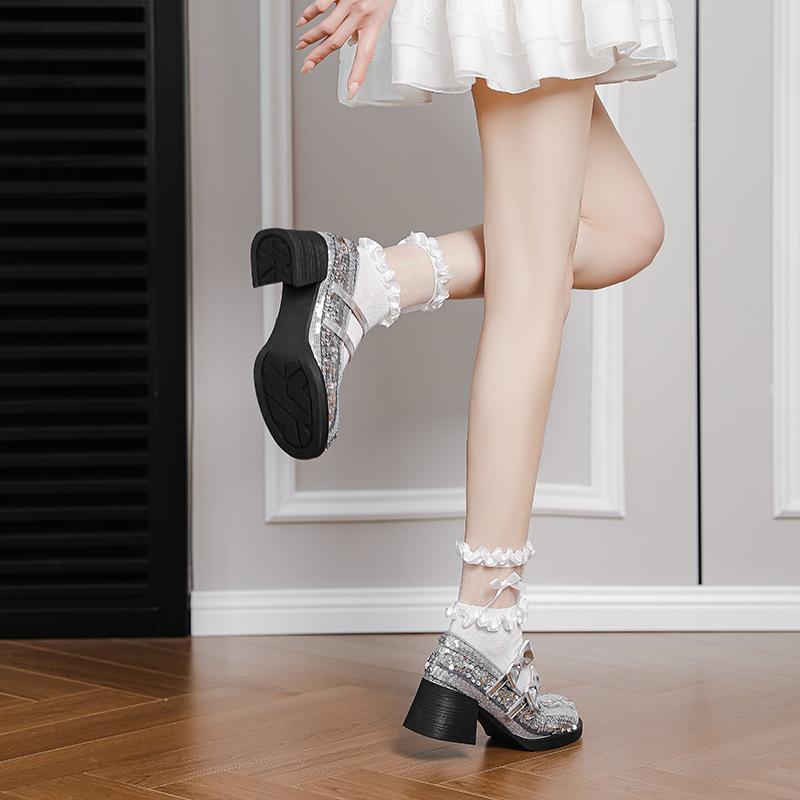 French Mary Jane women's shoes silver high-end round head thick heel single shoes spring and autumn bow beads thousand gold style women's shoes