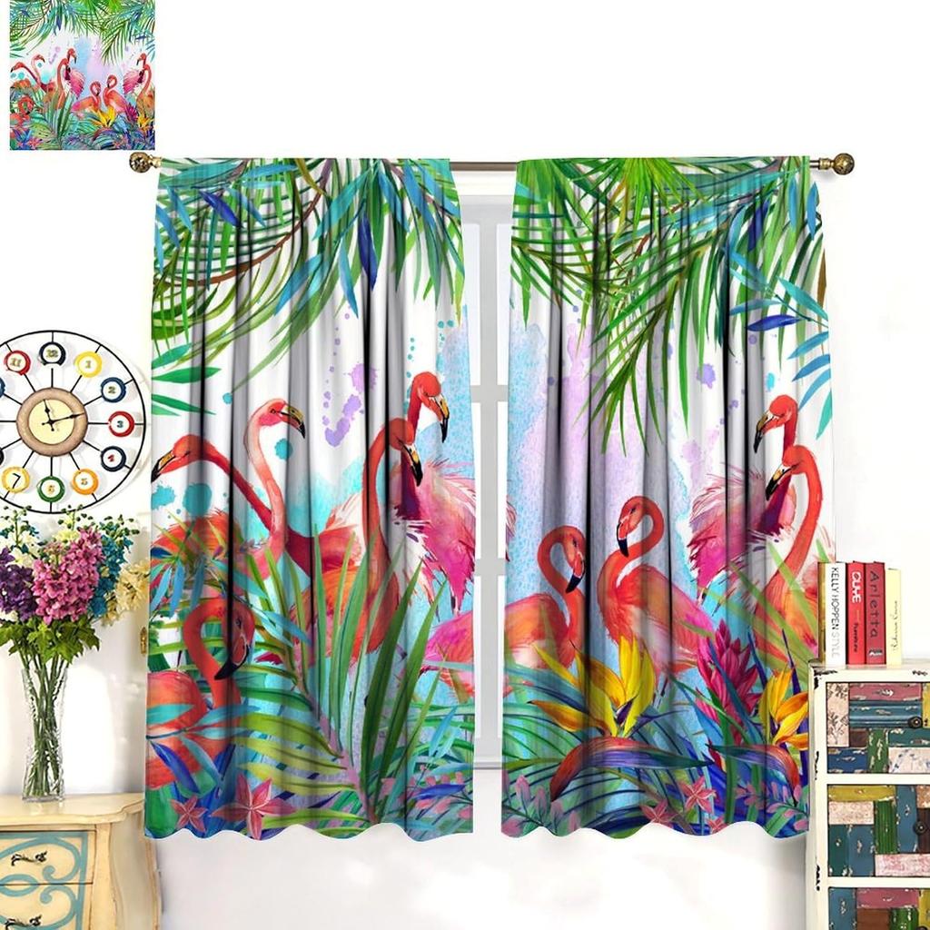 Flamingo Curtains,Tropical Plants Flower Print Window Treatments for Bedroom Living Room Jungle Animal Birds Drapes 2 Panel Set