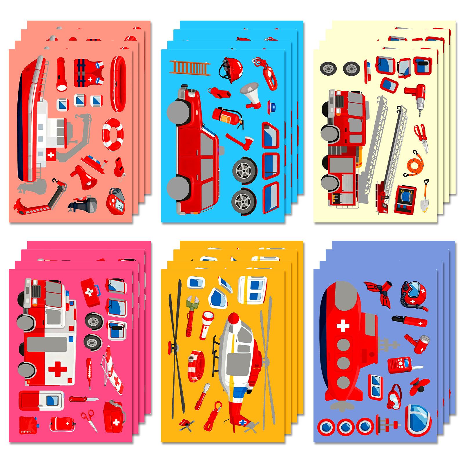 

6 Sheets/Bag Helicopter Construction Vehicle Transportation Puzzle Face Change Sticker Children S Fun Puzzle Sticker
