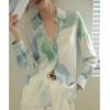 Elegant Watercolor Print Long Sleeve Button Up Shirt For Women