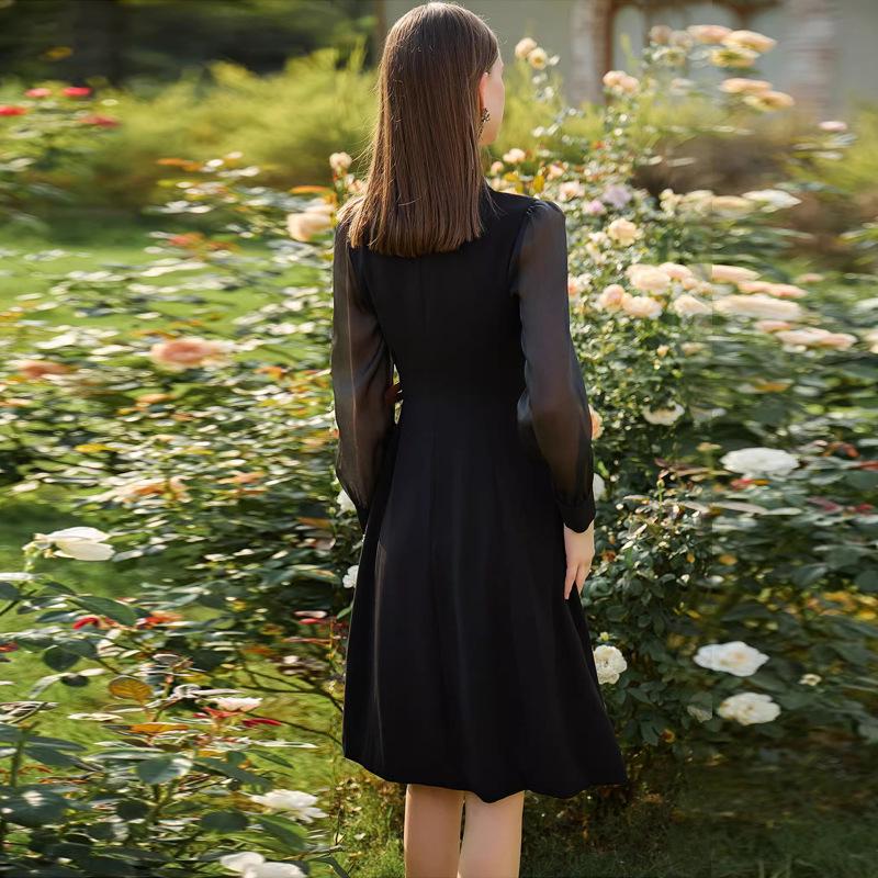 Spring Black Mesh Sleeve Goddess Dress - Waist-Slimming Suit Collar, Mid-Length Professional Women's Outfit
