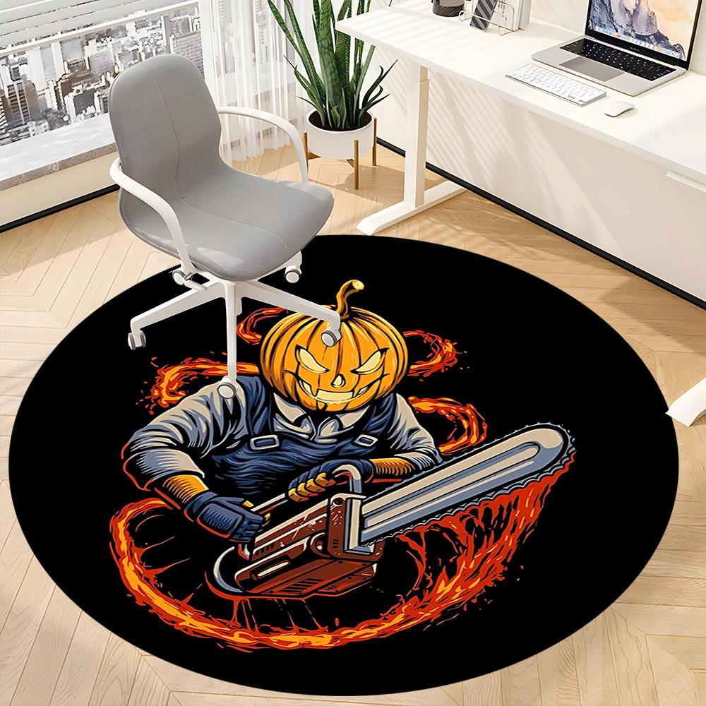 1pc PumpkinChainsaw, HalloweenArt Office Round Area Rug, Under Office Chairs Bedroom Living Room Home Decor, Room Deco, Available In Various Sizes