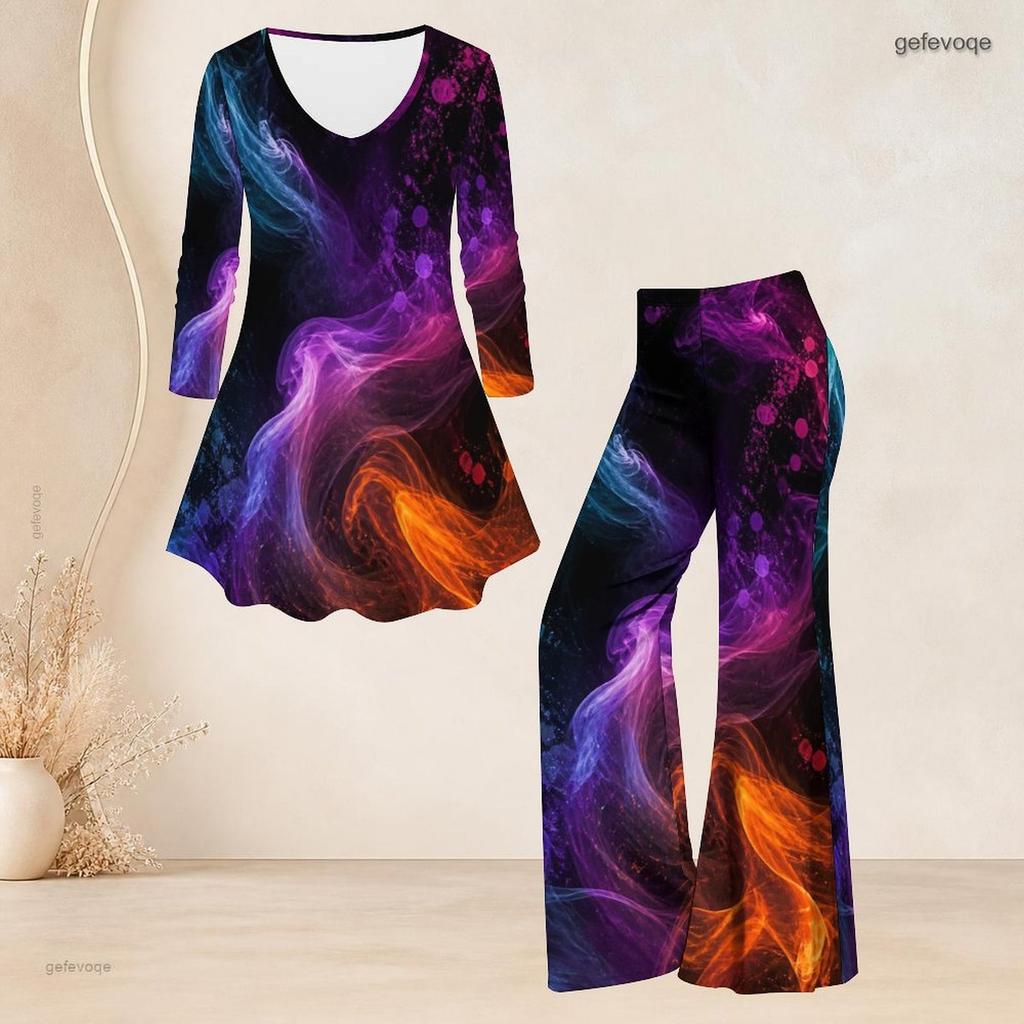 Women Plus Size V Neck Three Quarter Sleeve Printed Flared Top And Flared Pants Two Piece Set