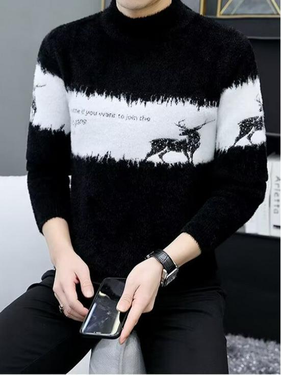 Pull Homme Velours Viscose Color Block: Tricot Tendance, Chaud, Polyvalent, à Col Semi-Haut pour l'Automne et l'Hiver