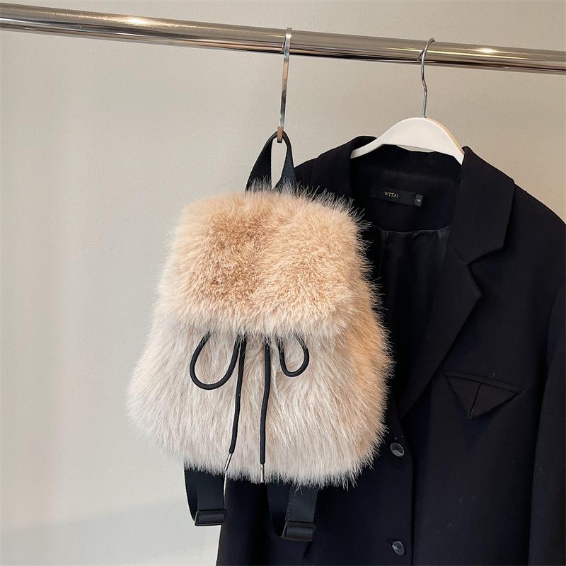 

New plush backpack imitation rabbit fur backpack student girl large capacity drawstring casual solid color bag