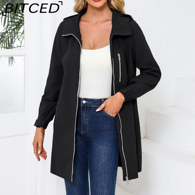 BITCED Women's Outdoor Sports Water-Resistant Trench Coat with Hood Long-Sleeved Spring/Autumn Loose-Fit Casual Windbreaker