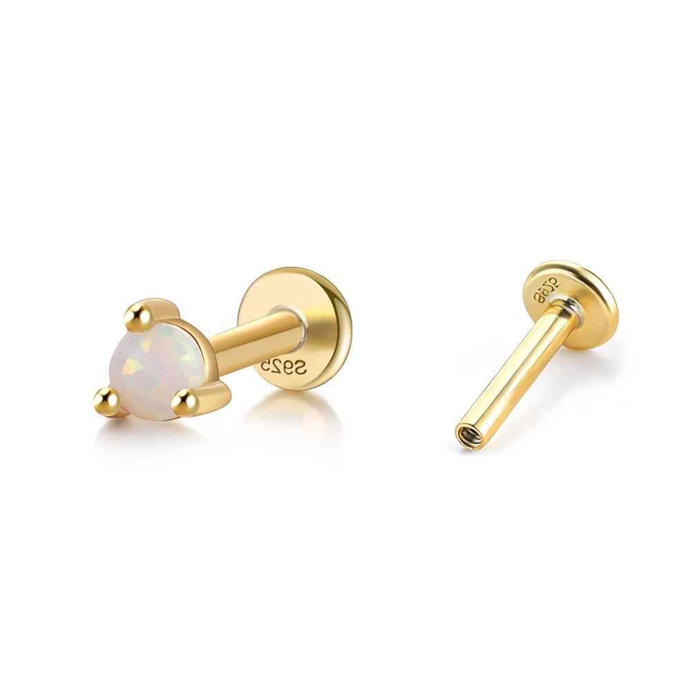 S925 Sterling Silver Screw Stud Earrings with Inlaid Opal - Fashionable Threaded Cartilage Ear Jewelry