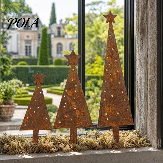 Decorative Yard Ornaments 3 Pcs Christmas Tree Metal Ornament Set, Star-Topped Decorations, Rustproof Fun Garden Sculptures Lightweight Holiday Decor
