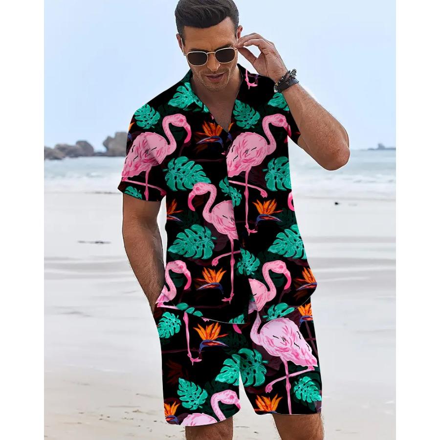 Funny 3D Flamingo Print Men's Shirt Beach Vacation Short Sleeve and Shorts Two-Piece Set