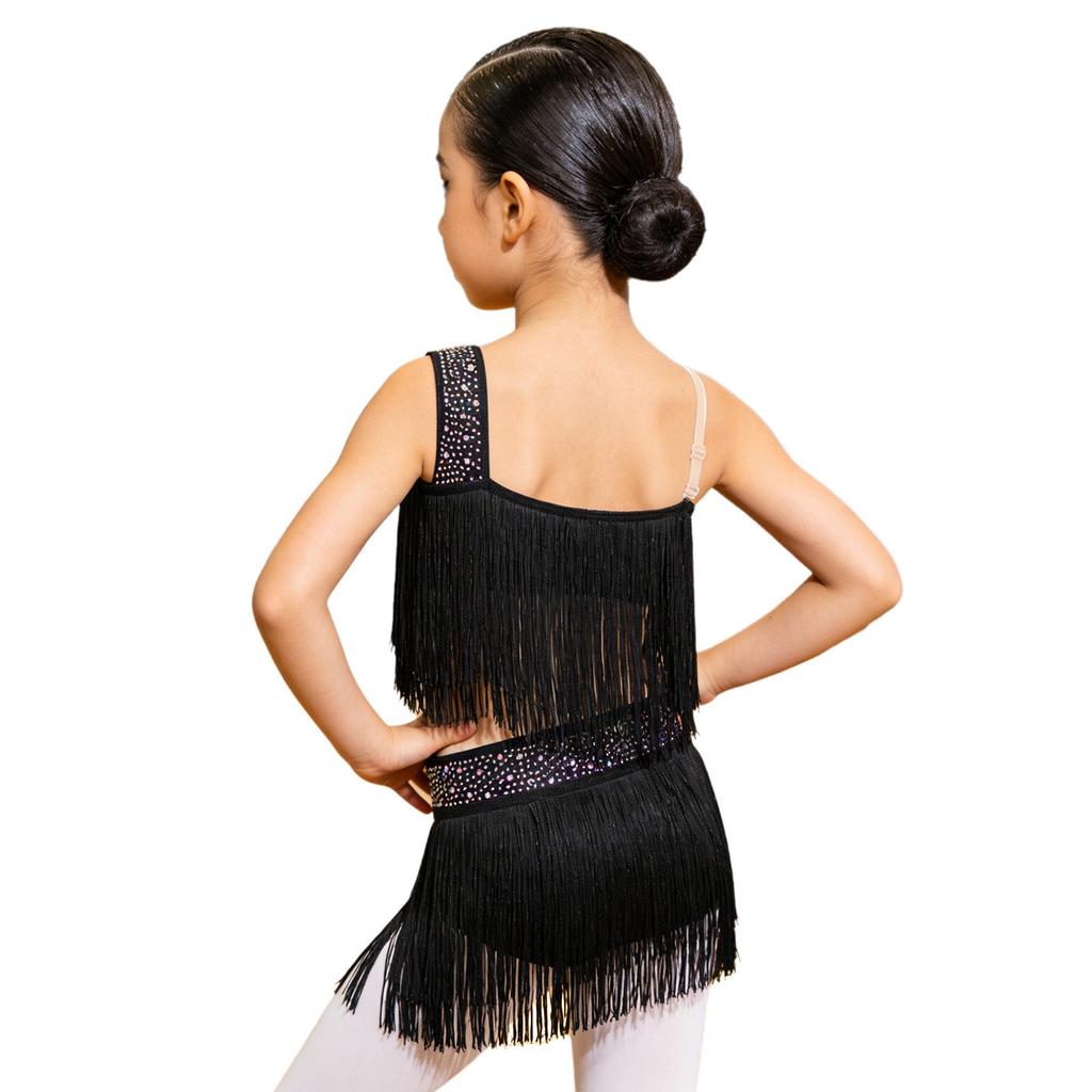 Vestido de Danza Latina para Niñas con Borlas, Flecos Asimétricos, Pedrería Brillante, Recorte, Disfraz para Actuación en Escenario
