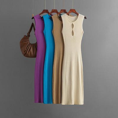 New Vintage Dress Senior Ice Silk Sleeveless Round Neck Slim Knit Mid-length Summer Sexy Base Dress
