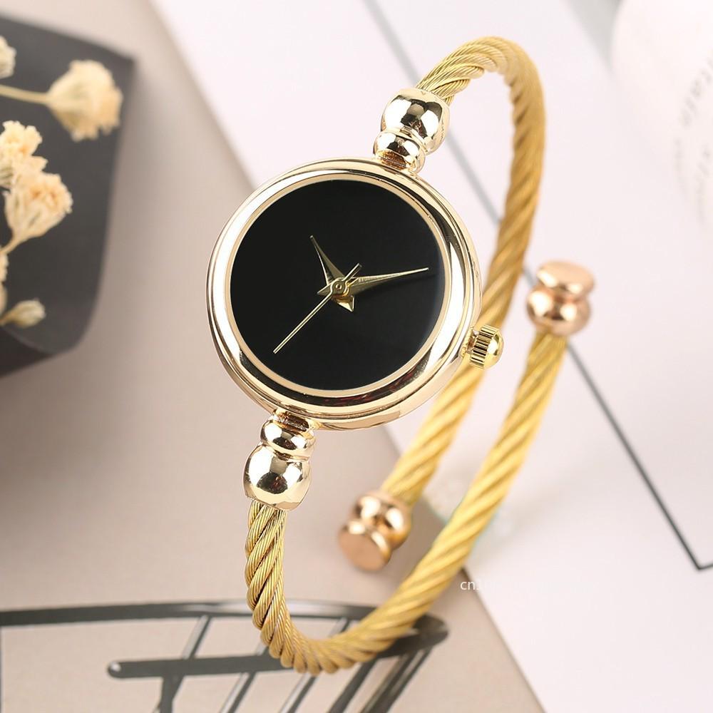 Luxury Fashion Women Golden Watch Wire Bracelet Charm Stainless Steel Retro Ladies Quartz Wristwatch Small Clock Casual Watches