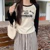 Designed contrasting letter print round neck long-sleeved T-shirt for women in early autumn with patchwork waist and short inner-layer top