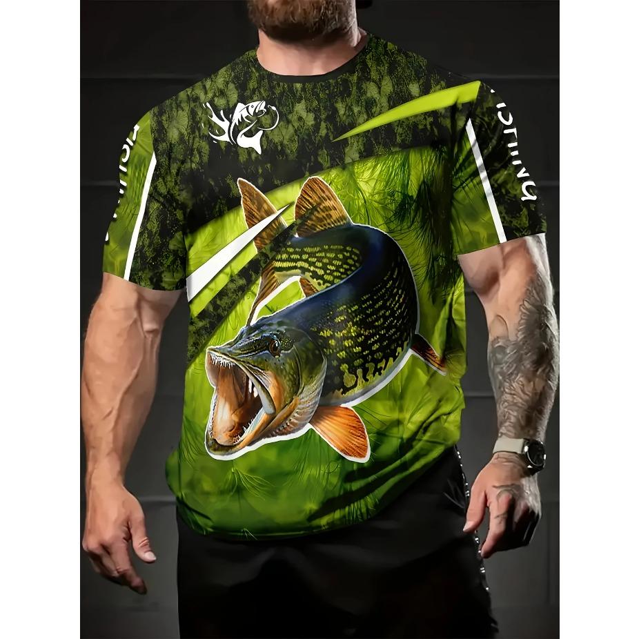 Mens Vibrant Fish Print Casual T-Shirt - Breathable Slight Stretch Polyester Crew Neck Tee for Outdoor Perfect for Summer