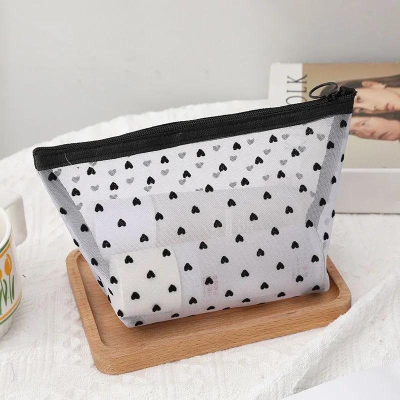 Women Cosmetic Pouch Toilet Storage Bag Ladies Toiletry Lipstick Key Coin Organizer Bags Purse Heart Transparent Mesh Makeup Bag