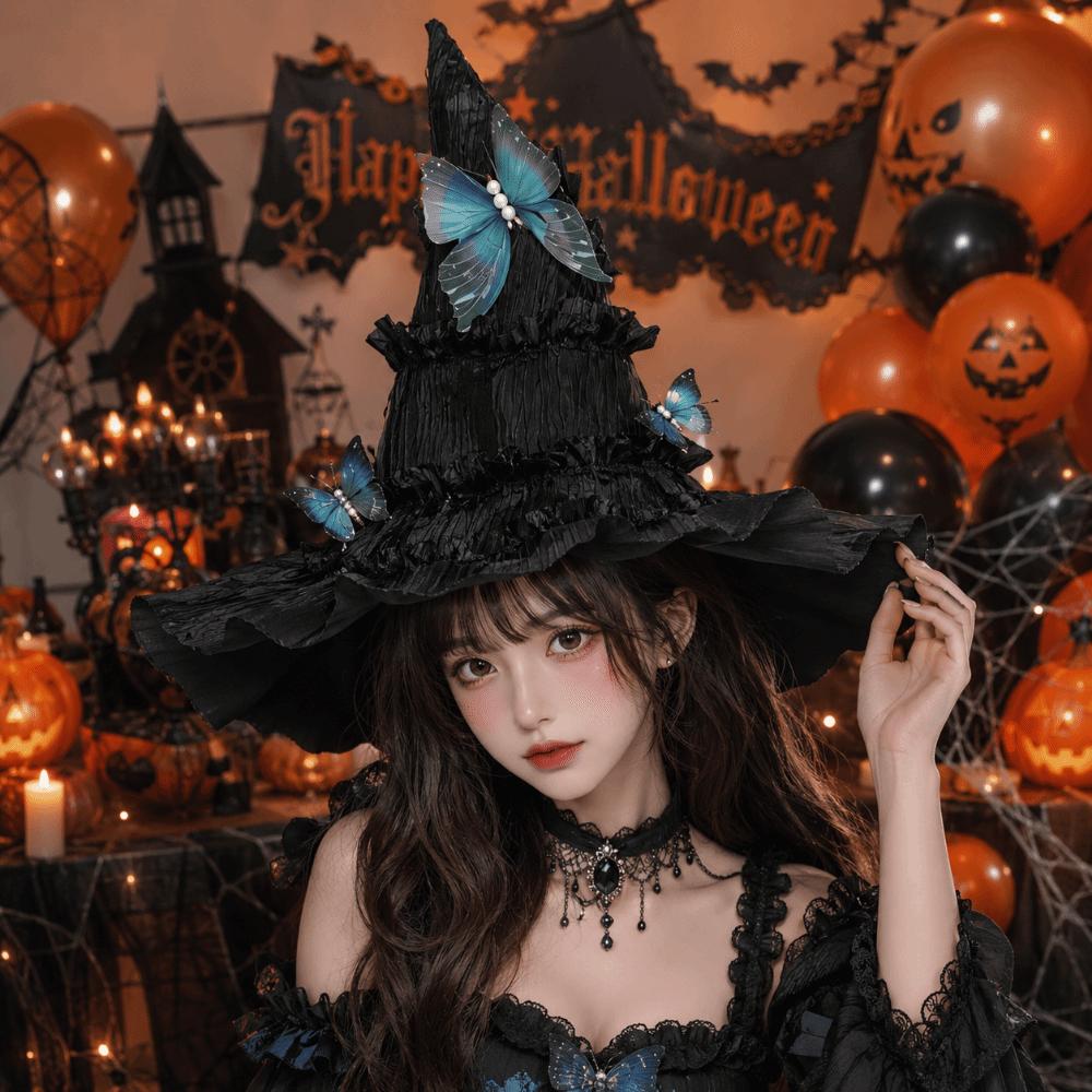 Tall Pointed Cone Top Halloween Hat Gothic Ruched Masquerade Cap Lolita Witch Hat  Masquerade Ball