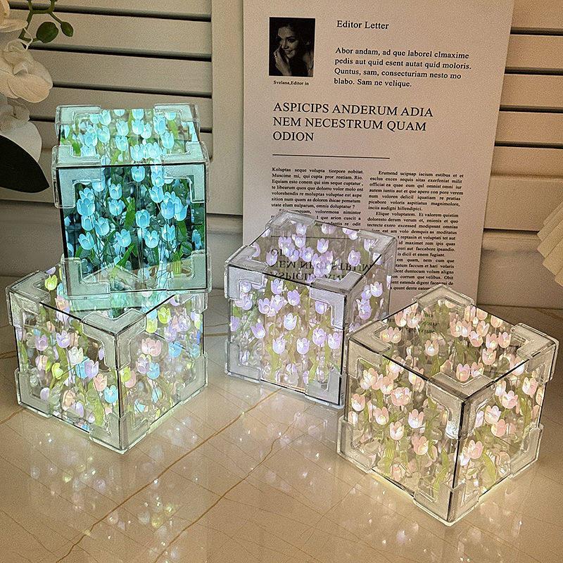 Handmade Rubik's Cube Tulip Night Light - Perfect Birthday or New Year Gift for Girls and Girlfriends