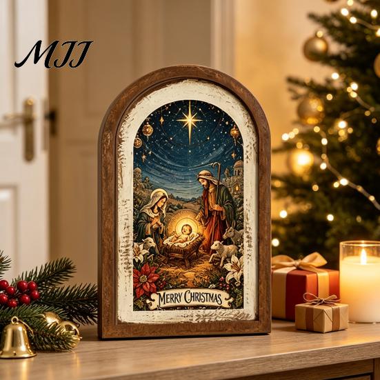 Farmhouse Christmas Tree Decorations Vintage Arched Wooden Wall Art, Double Layer Wood Framed Sign, Bedroom Winter Ornaments Xmas Print Hanging Decor