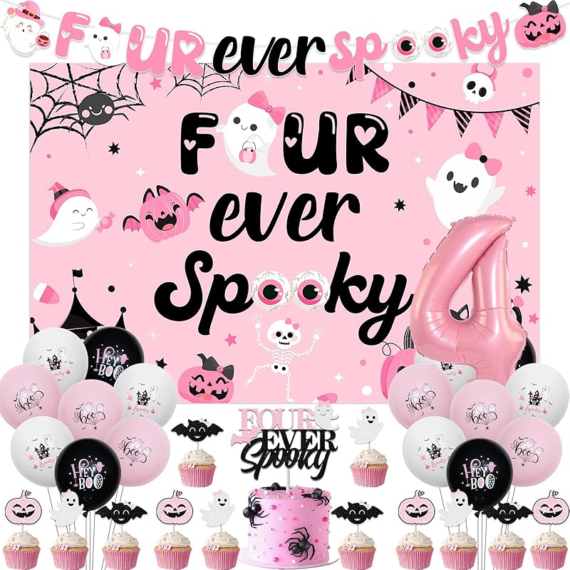Halloween 4th Birthday Party Decoration for Girl Four Ever Spooky Birthday Backdrop Pink Four Ever Spooky Cake Cupcake Toppers Banner Number 4 Foil
