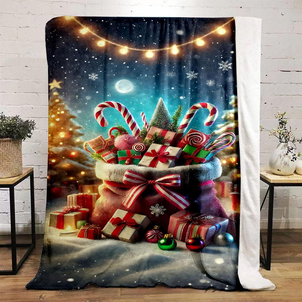 Christmas Gifts and Candy Cane Sack Patterned flannel blanket perfect for the bedroom living room, sofa, or a little nap