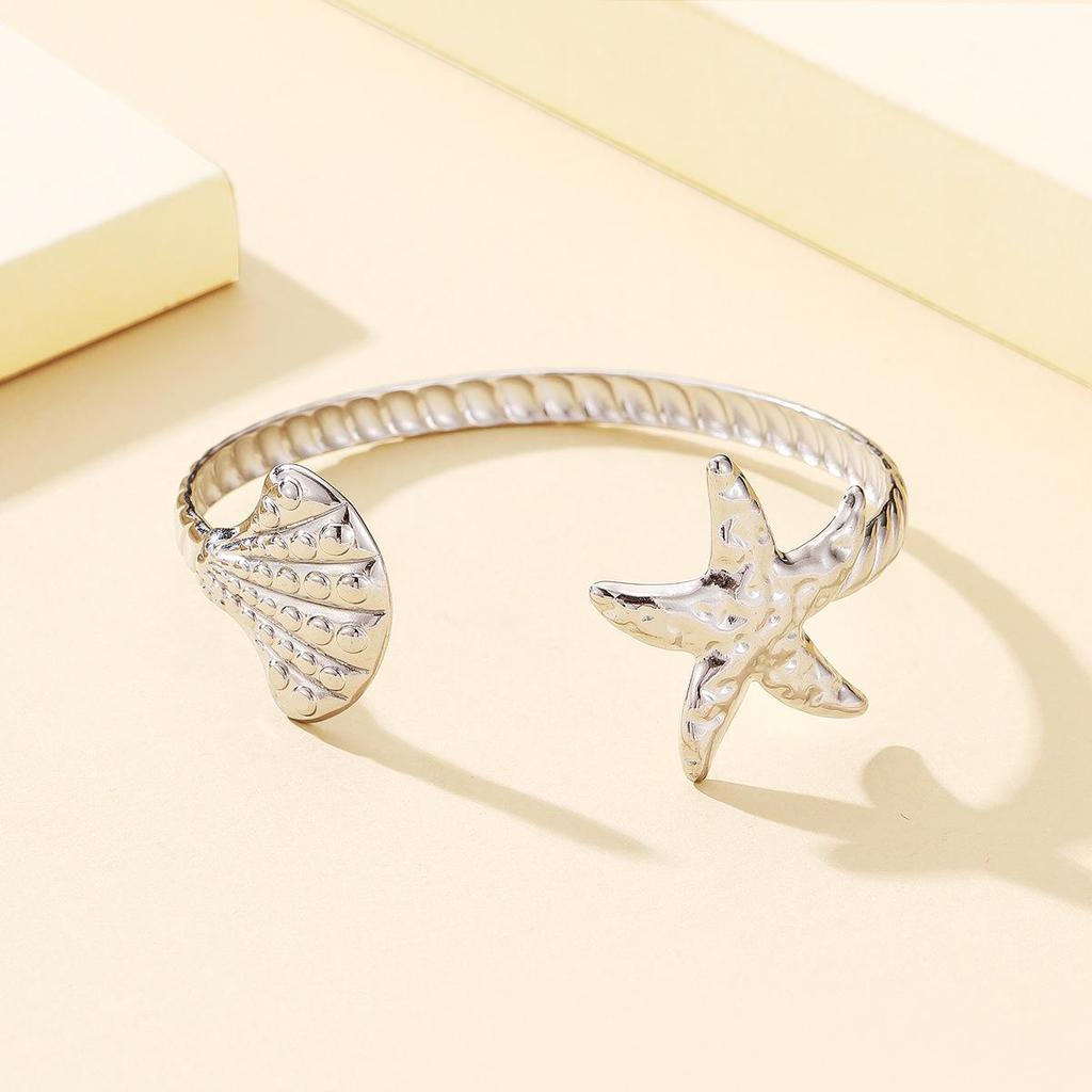 18K Gold Starfish Shell Beach Resort Stainless Steel Open Bracelet