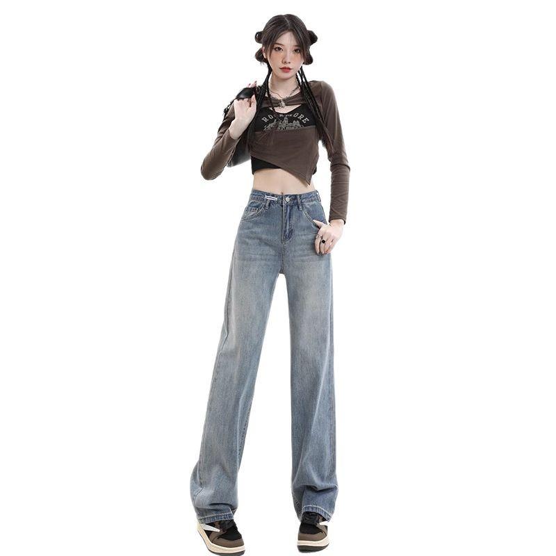 Women's Mid-Rise Washed Jeans - Loose, Straight-Leg, Wide-Leg, Slimming, Floor-Length, Perfect for Spring & Autumn 2025