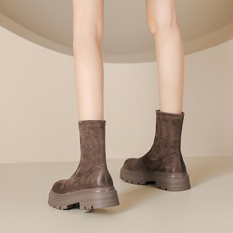 Colored short boots women's autumn and winter new British style retro elastic thin boots thick-soled short boots suede knight boots