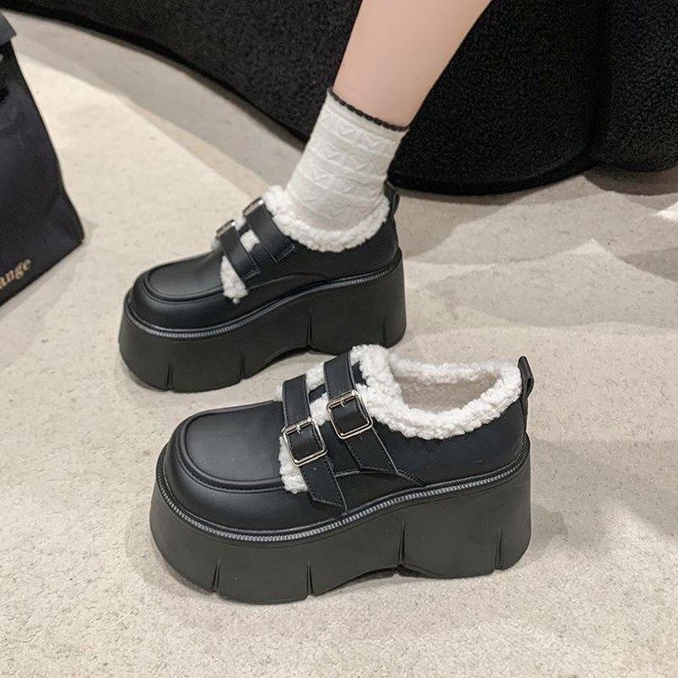 Small thick-soled loafers for women's 2025 winter new 8cm heightened small leather shoes with velvet lamb wool warm cotton shoes