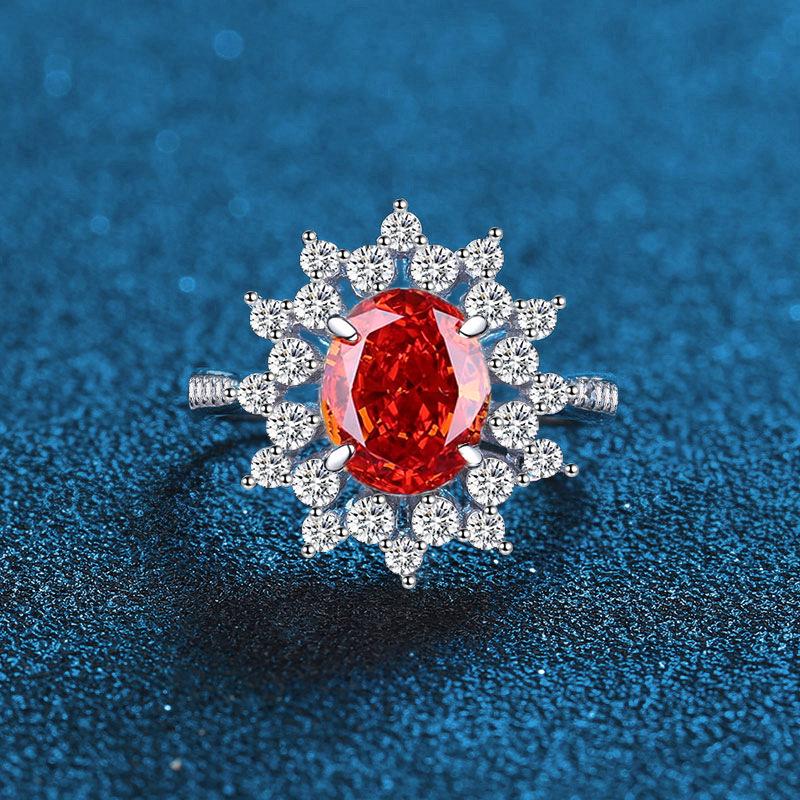 S925 Sterling Silver Women s Ring with Radiant Cut Pink and Aquamarine Diamonds and Chinese Red Flower Design.