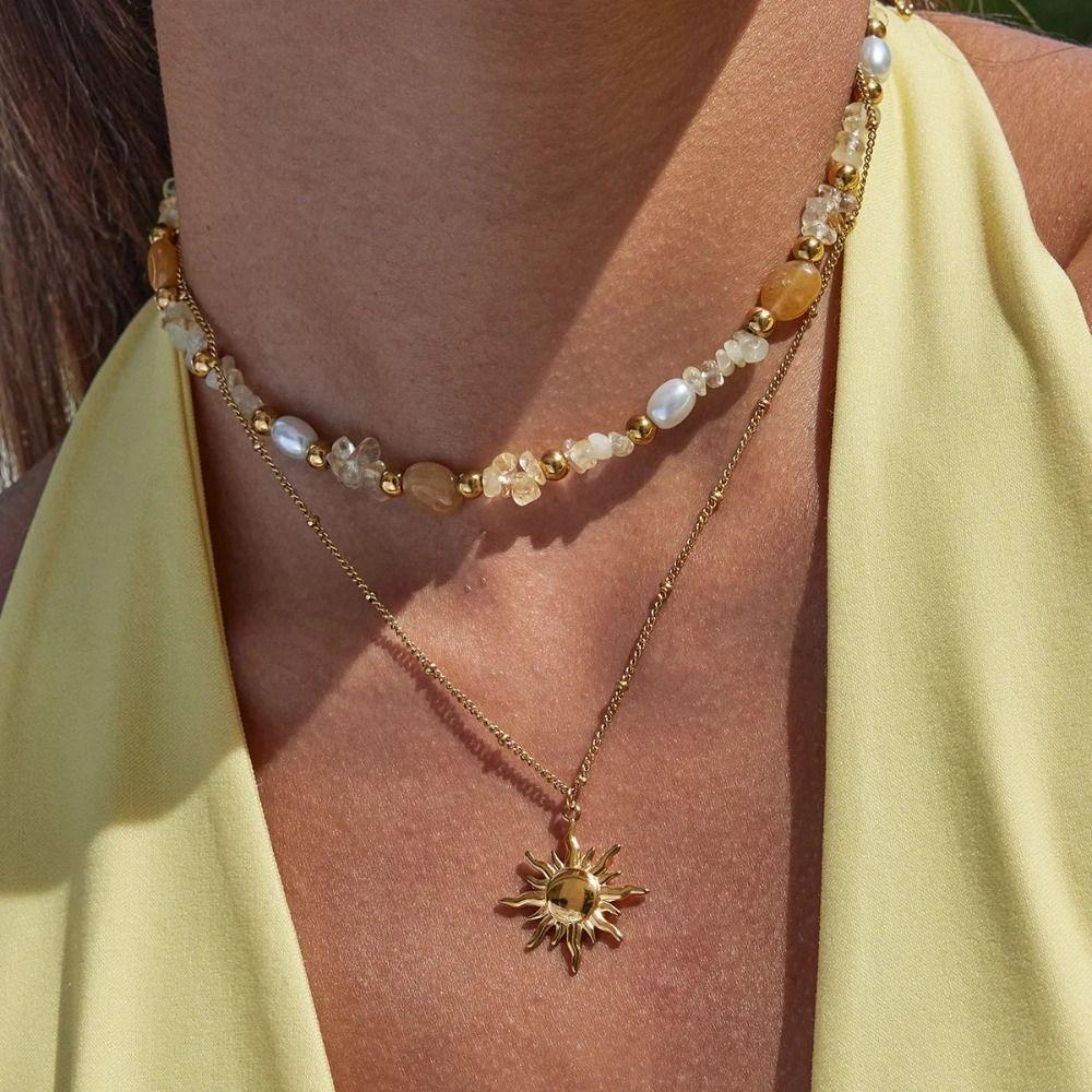 Bohemian 18K Gold Plated Necklace Stainless Steel Double Stacked Neck Chain Sun Pendant  Beach