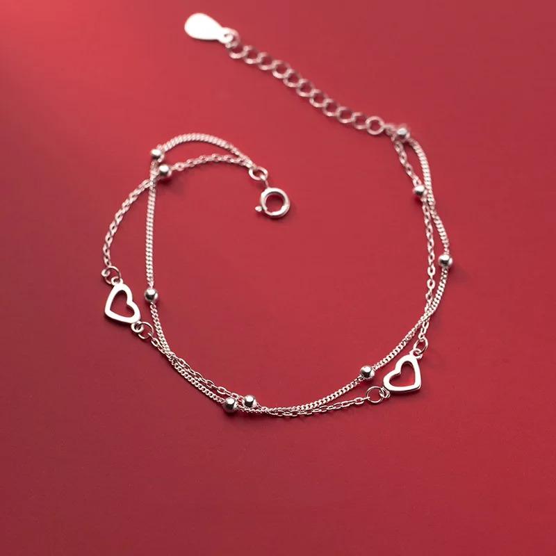 925 Silver Hollow Heart Bracelets For Women Girls Vintage Korean Design Double Layer Beads Bracelet Party Jewelry Gifts